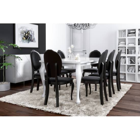 Zestaw glamour 8 osobowy do salonu stół rozkładany 90-200-300 BRILLANT 2 biały połysk i czarne krzesła SONIA
